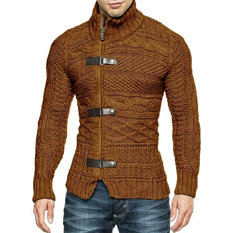 Men Sweaters Autumn Winter High Neck Sweater Men\'s Leather Buckle Long Sleeve Knitted Cardigan Coat Large Size Men Clothing