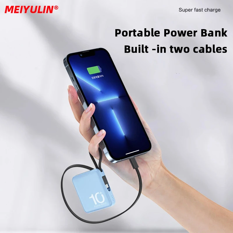 10000mAh Mini Portable Power Bank 5000mAh Fast Charging External Mobile Battery With TYPE-C Cable for iPhone 15 Samsung Xiaomi