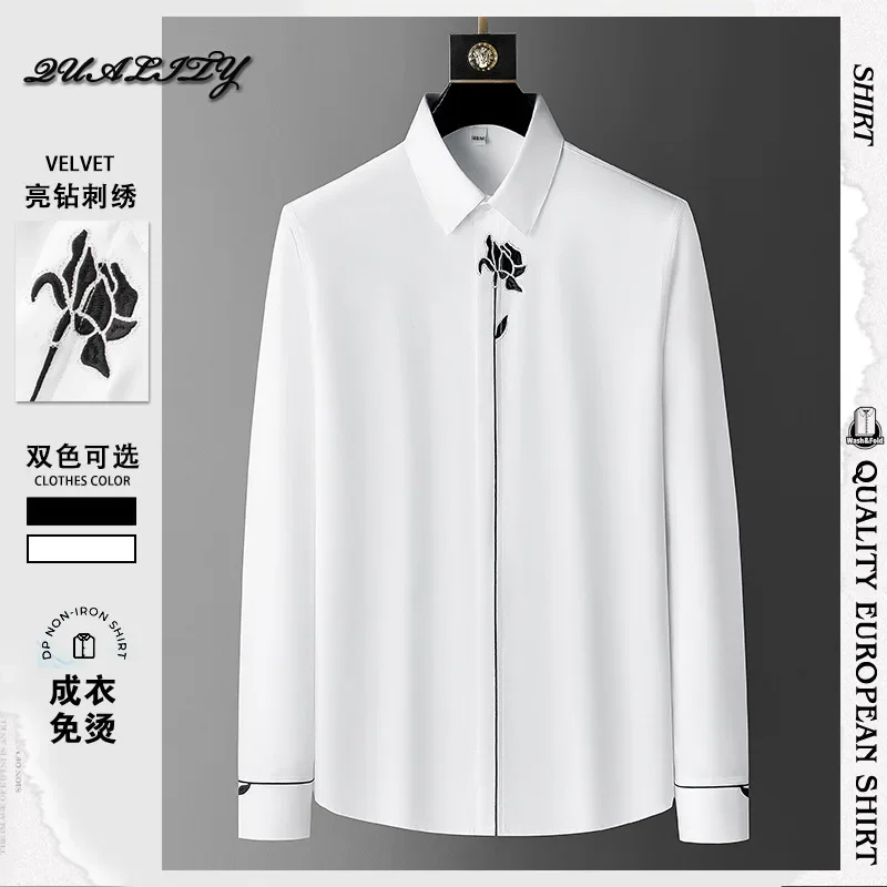 

High Quality Embroidered Long Sleeved Shirt Men Casual Business Dress Shirts Slim Fit Social Party Banquet Tuxedo Men Clothing