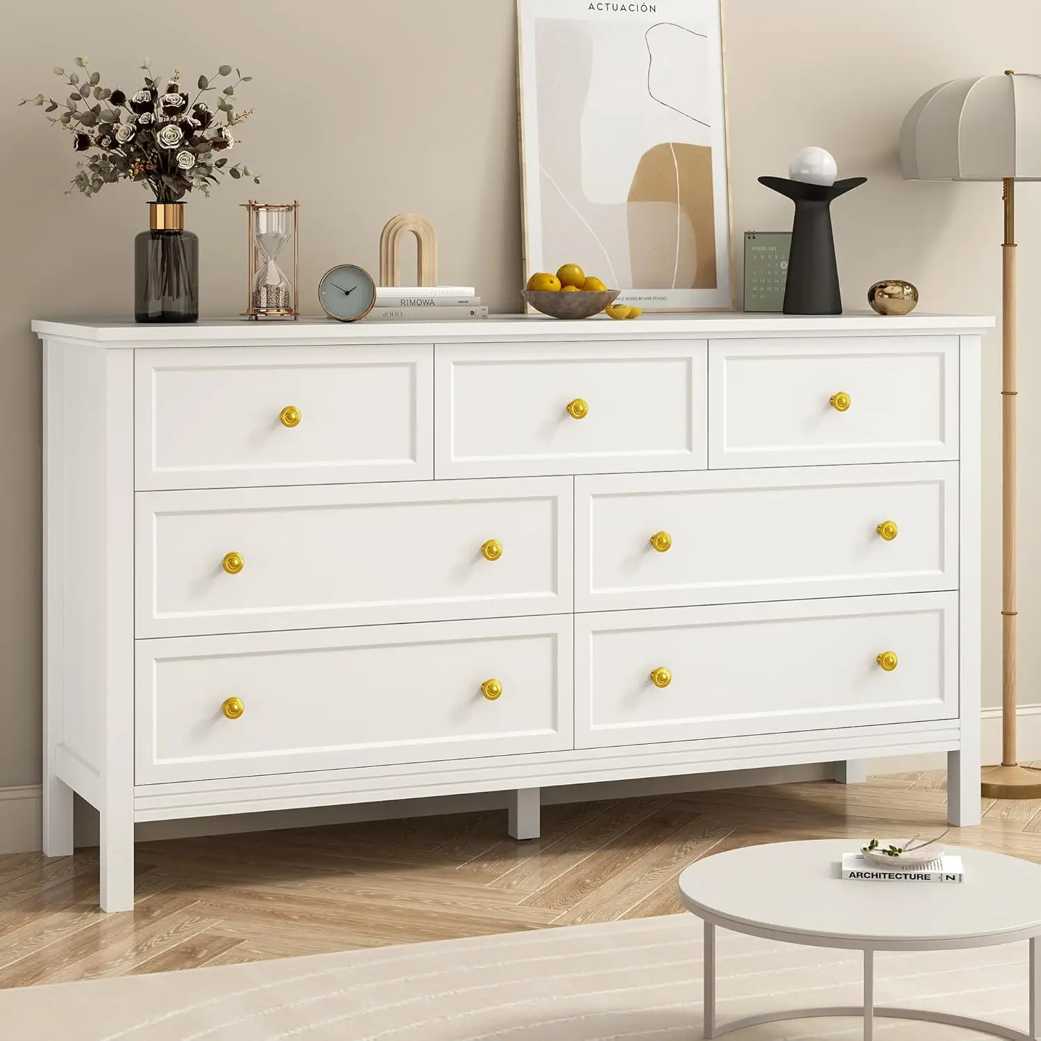 White Dresser for Bedroom with 7 Drawers, 55'' Large Wood Dresser with Gold Handles, Modern Wide Chest of Storage Drawers for Ha