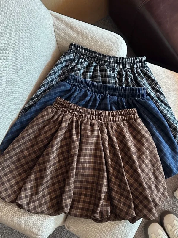 

Korean Style Plaid Fleece Short Lantern Skirt Women's Autumn Winter High Waist Slim A-Line Puffy Half-length Skirt
