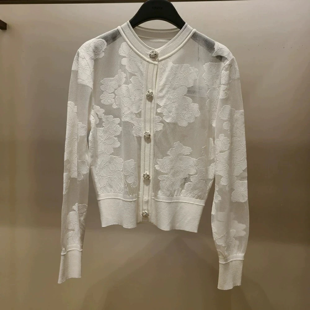 Korean OBZ25 Spring Faion Ele Floral Knit Long Sve round Ne Open Cardigan Women's Loose Fit Commute Sle Knitted ...