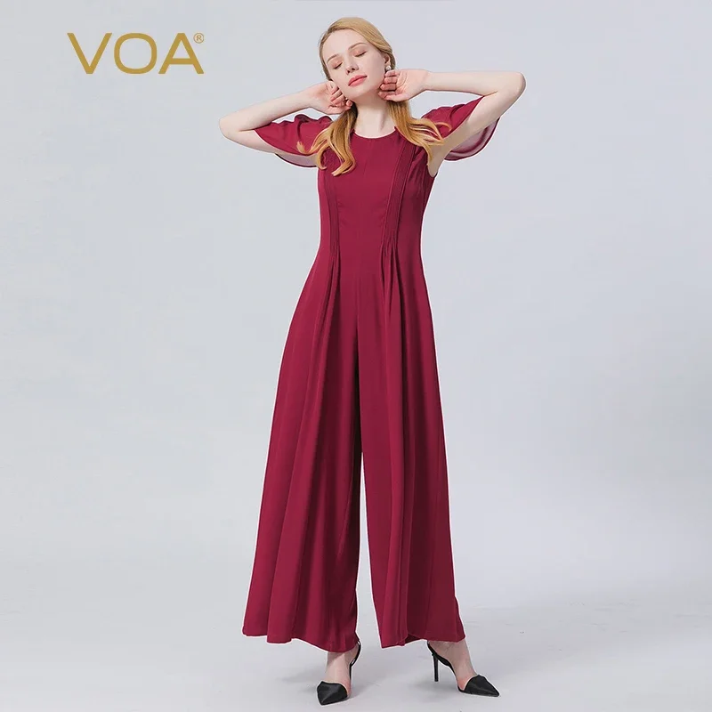 VOA Silk 40m/m Double-sided Georgette Aoxue Fold Stitching Round Neck Back Zip Pocket Wide Leg Jumpsuit Streetwear Women KE561