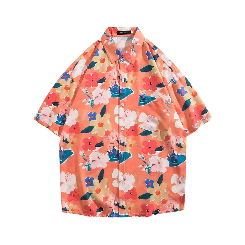 Summer Men's Beach Vacation Short Sleeve Floral Shirt Retro Hawaiian Beach Travel Casual Loose Handsome Printed Shirt Coat