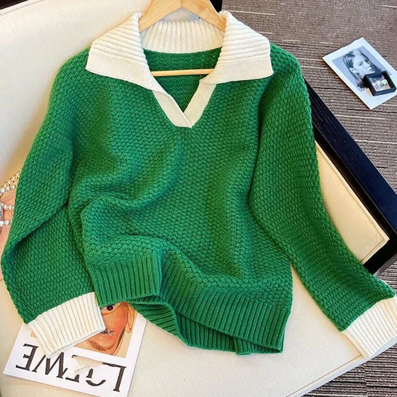 Women Green Sweet Sweater V-Neck Long Sleeve Patchwork Warm Pullover Casual Loose Sweater For Women 2024 Autumn Winter