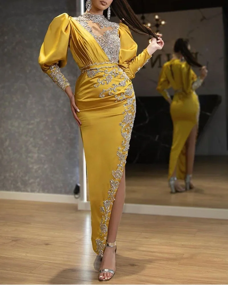 

Satin Sequin Decoration Slim Banquet Women Evening Dress Yellow Multiple Sizes Zipper Big Hem Robe Women Elegant Formal Dress