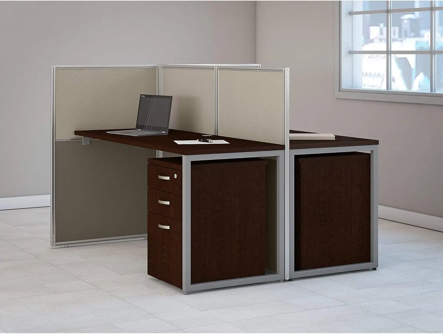 Easy Office 2 Person Cubicle Desk with File Cabinets, 60W x 45H, Mocha Cherry