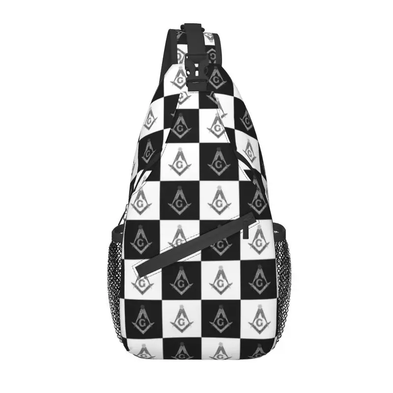 Custom Freemason Checkered Pattern Sling Bag Men Cool Freemasonry Masonic Shoulder Chest Crossbody Backpack Traveling Daypack