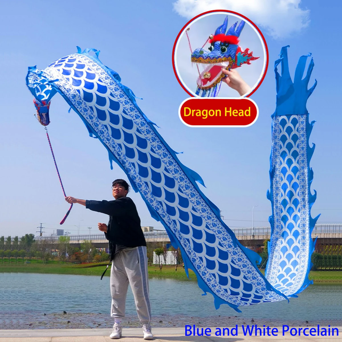 Blue and White Porcelain Fitness Children Adults Chinese Dragon Dance Props With DragonHead Square Sport New Year Dance Ribbon