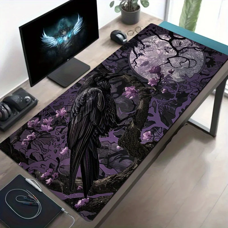 Gothic Crow and Moon Nacht-Mauspad, verdickte, rutschfeste Gummiunterseite, für Computer, Büro, Laptop, Spiel, übergroße Tischpads