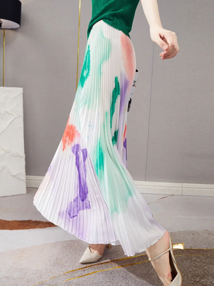 

Pleated Skirts Summer New High Waist Big Size Printing Knee-length Temperament All-match Thin 2022 Fashion Trend