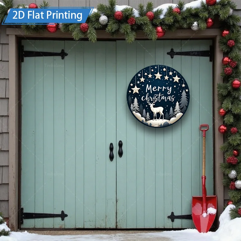 [2D FLAT] 1pc Metal Sign Christmas Deer Scene 2D Flat Print Metal Art Decor