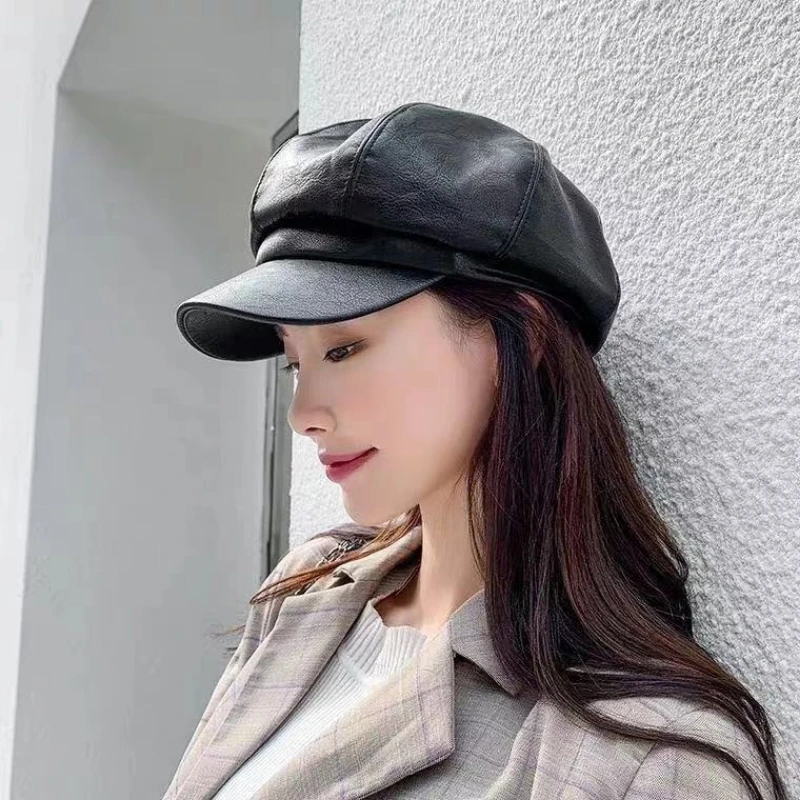 

Women's Faux Leather Newsboy Cap Vintage PU Octagonal Painter Hat Autumn Winter Warm Black Octagonal Hat