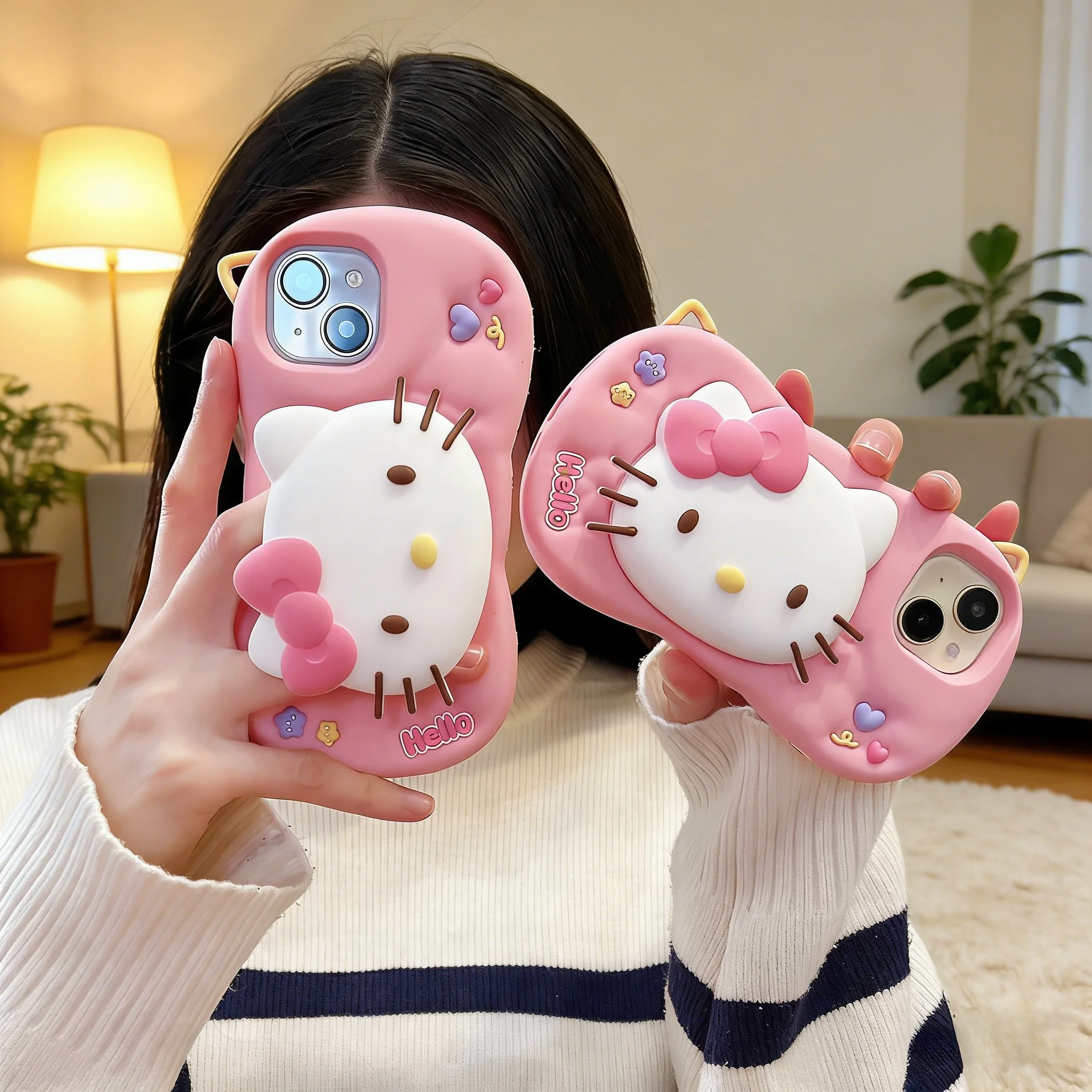 Hello Kitty Phone Grip Tok Holder For iPhone 17 16 15 14 13 12 Pro Max Plus 17 Pro Flexible Silicone 3D Back Cover with Strap