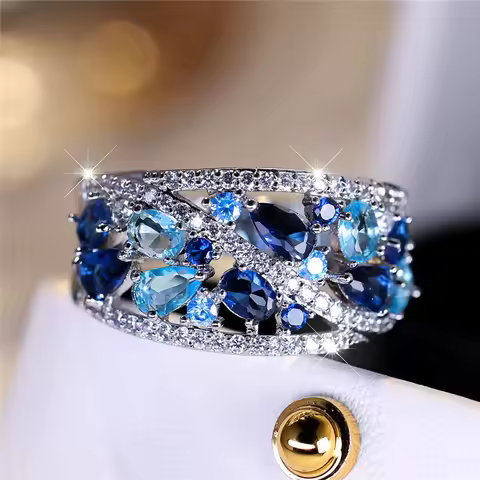 Luxury Female Blue Zircon Stone Ring Trendy Silver Color Engagement Cute Bride Wedding Jewelry Gift For Women