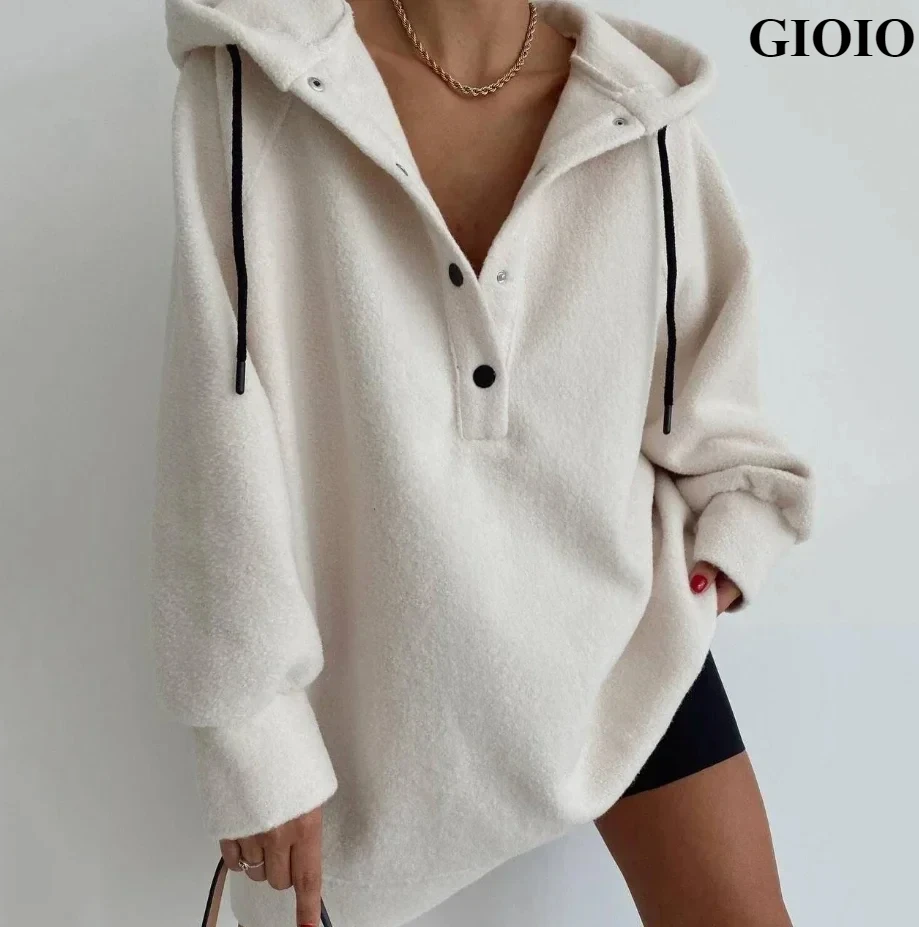 GIOIOWoman Hooded Shirt Autumn Fashion Polar Fleece Loose Daily Casual Button Long Sleeve Drawstring Hooded Pullovers Sweatshirt