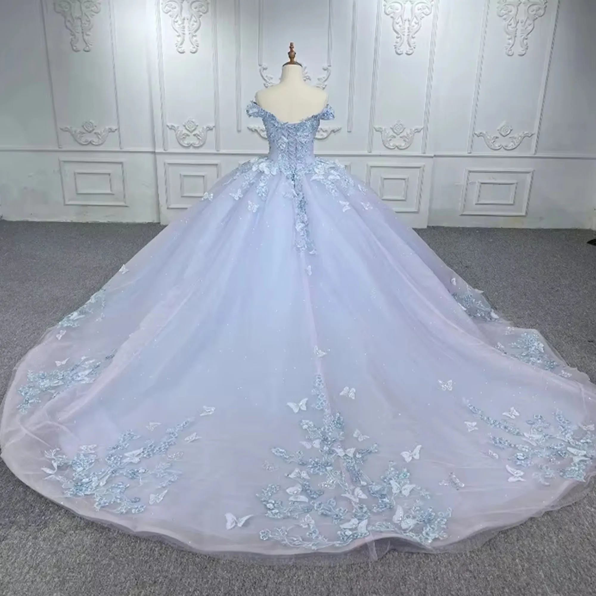 Lace Flowers Blue Ball Gown 15 Year Old Quinceanera Dresses Princess Customized Party Dress Off Shoulder Vestidos De Fiesta