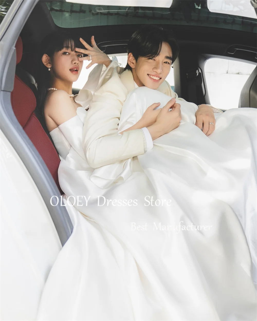 Oloey marfim uma linha vestido de casamento sem alças coreia photoshoot plissados cetim vestido de noiva até o chão mangas feito sob encomenda