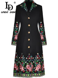 LD LINDA DELLA Chinese style Autumn and Winter Women's Coat Notched Single-Breasted Long Sleeved Embroidery Black/Red Overcoat