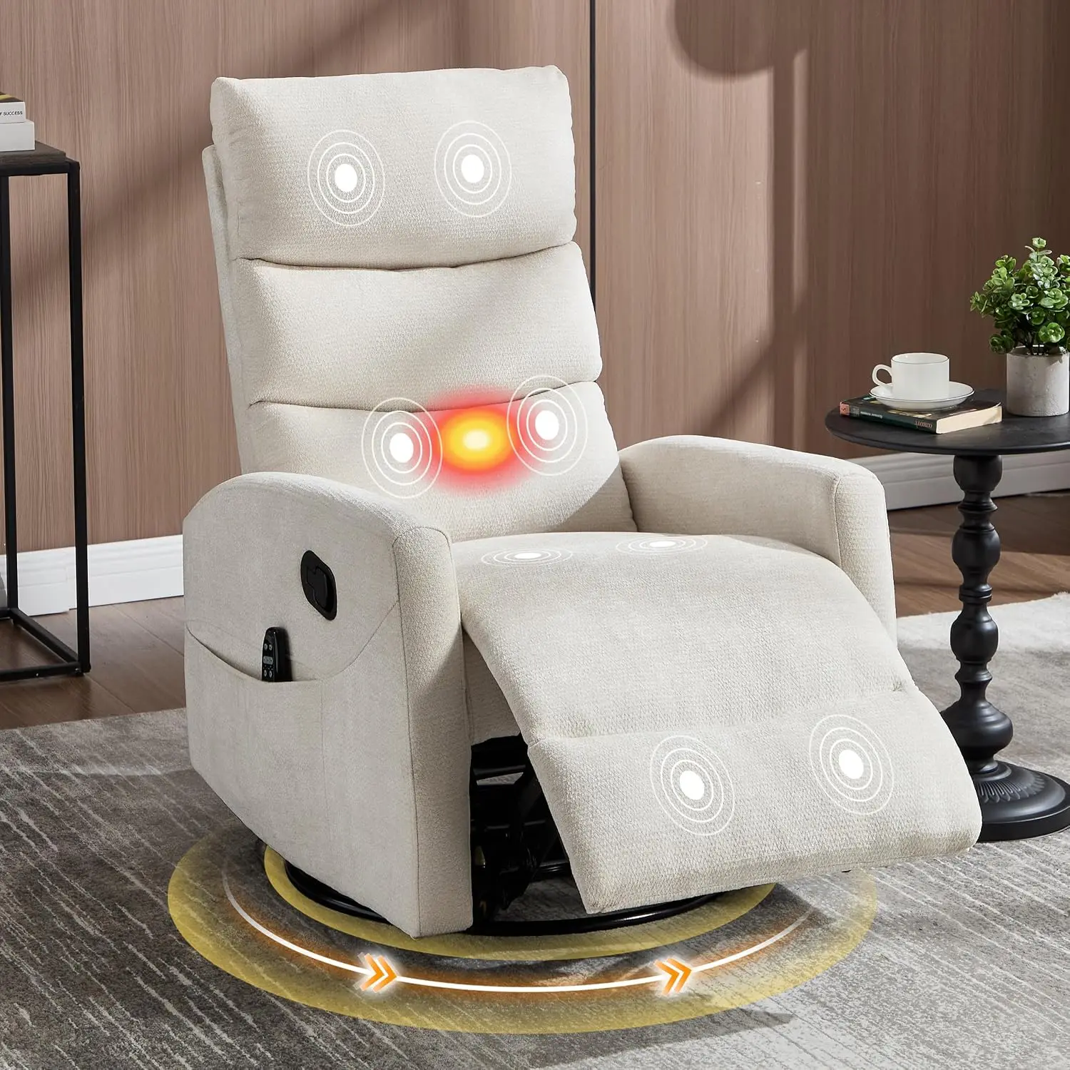 Manual Swivel Rocker Recliner with Massage & Heat, Overstuffed Glider for Nursery & Living Room, Chenille Beige, Customized