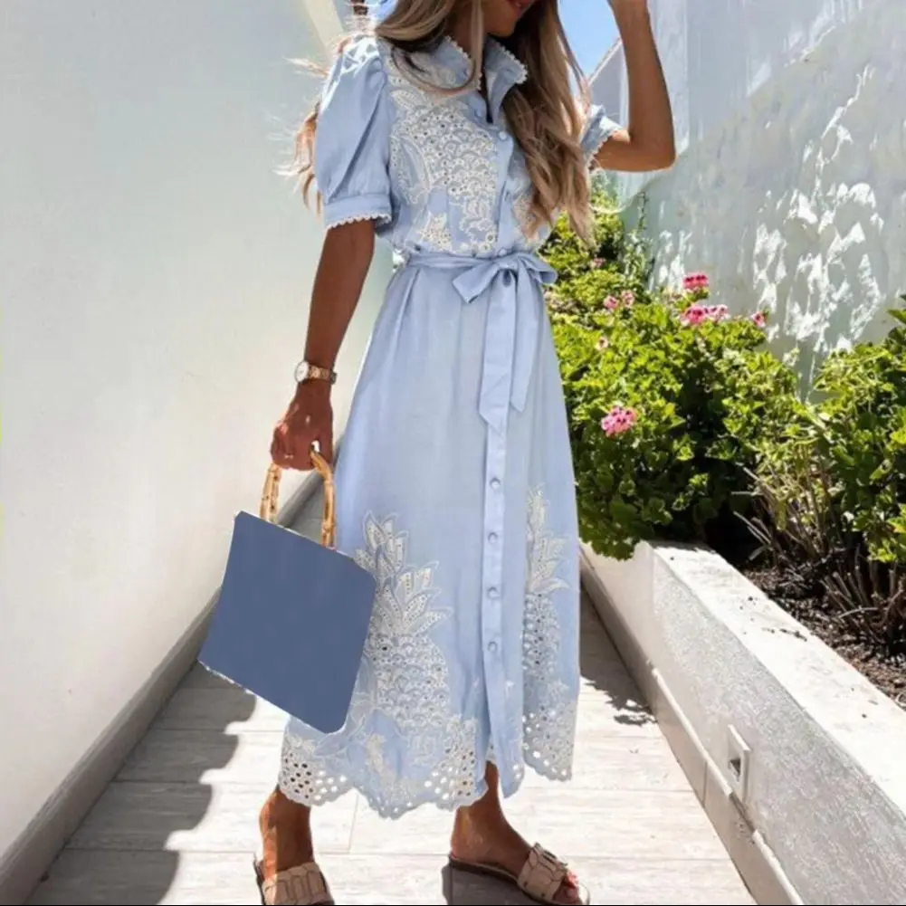 2025年 レディース ワンピース ホローアウト 刺繍 シングルブレスト 大きな裾 レースアップ マキシ丈ワンピース アンクル丈 ビーチワンピース