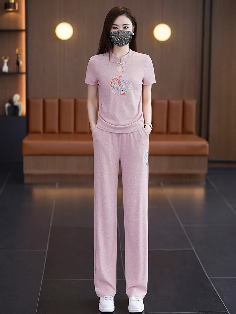 Chinese Style Fashion Embroidery T-Shirt+Pink Wide Leg Pants Suit Women Summer Short Sleeve Casual Tracksuit 2 Piece Sets Outfit