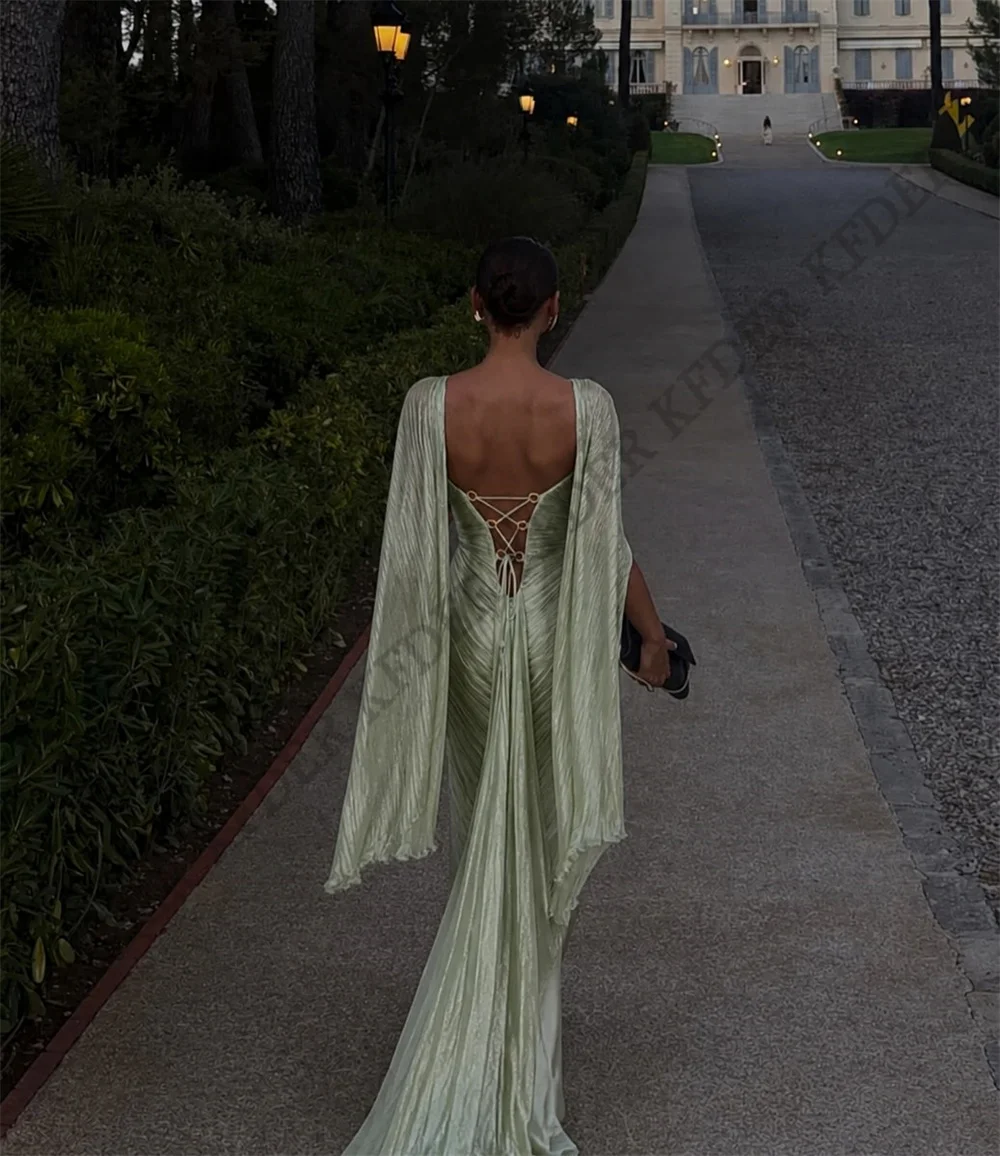 Elegant Sage Green Mermaid Prom Dresses Pleated Cut-out Flare Sleeve Maxi Evening Dresses vestidos de fiesta Customized view 4