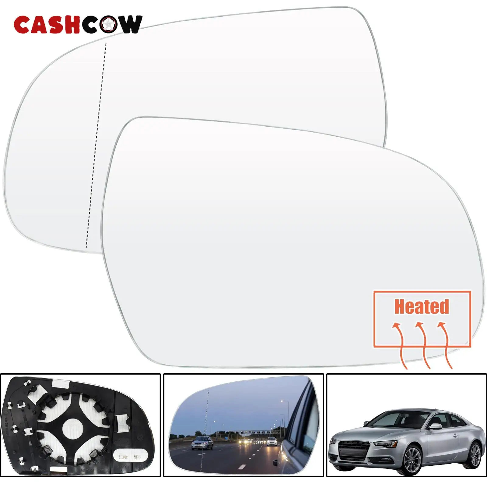 CASHCOW For Audi A4 2010-2016 A5 2010-2017 Left Right Side Door Wing Mirror Glass Heated Wide Angle Convex Rearview With Plate