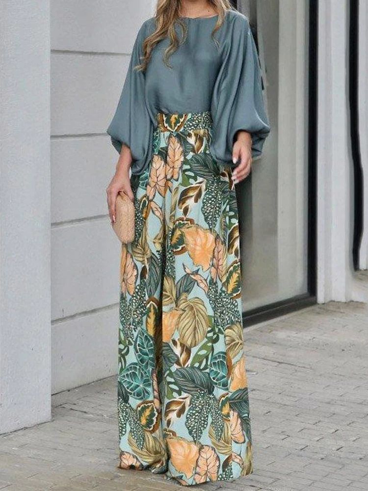 Women's 2 Piece Set 2024 New Fashion Autumn Solid Long Sleeve T-shirts & Digital Print Wide Leg Pants Suit Woman Pants Set