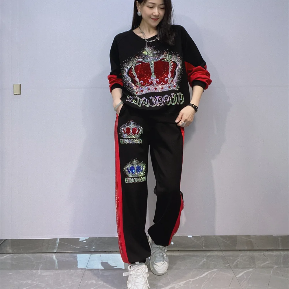 

Повседневные комплекты из двух предметов, женские наряды, короны, бриллианты, лоскутные топы с круглым вырезом, брюки с боковым принтом, вязаный женский осенний спортивный костюм