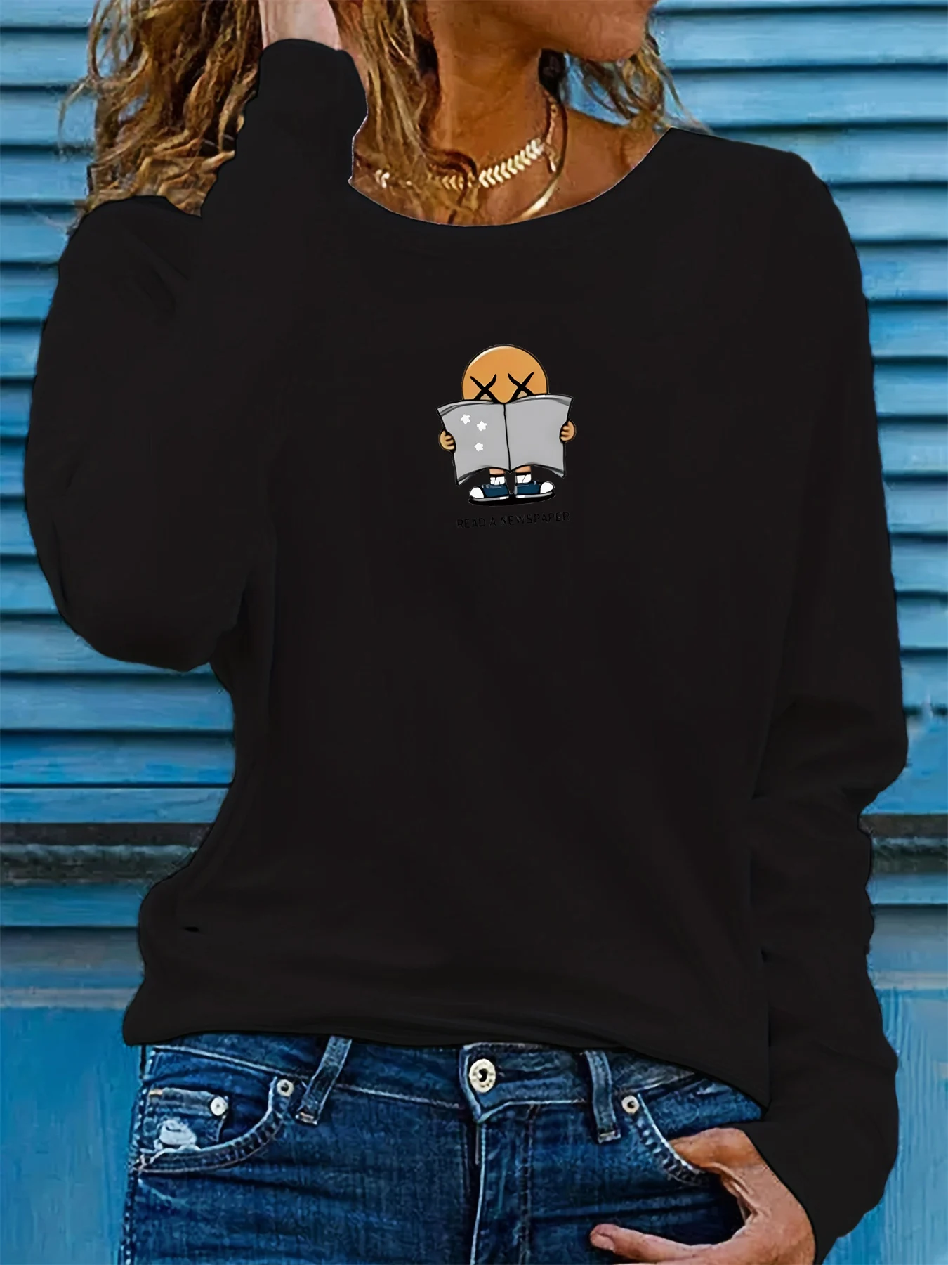 100% pure cotton women's spring and autumn comfortable casual fashion long sleeved cartoon graphic printed round neck T-shirt