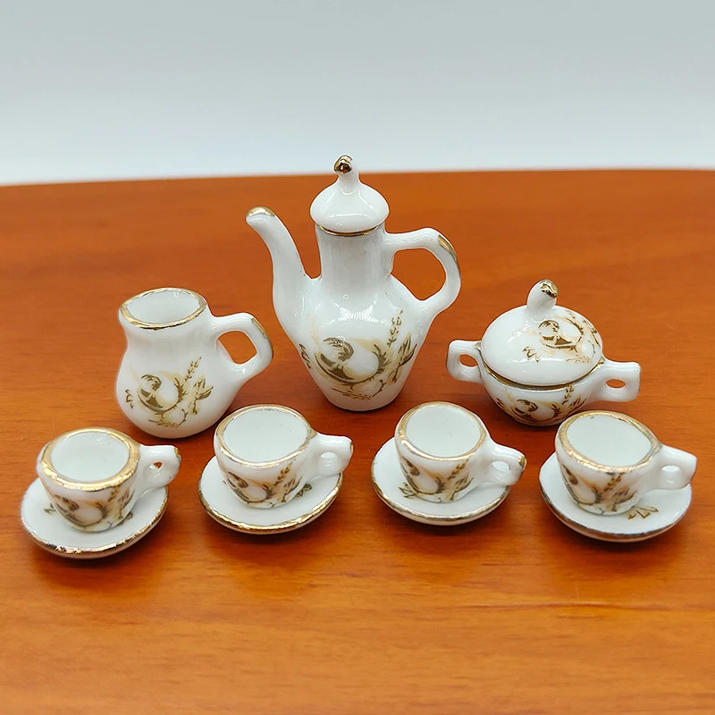 

11Pcs/set 1:12 Dollhouse Miniature Ceramic Brown Rose Teapot Tea Set Wine Set Tableware Mini Tea Cup Wine Glass Model Decor Toy