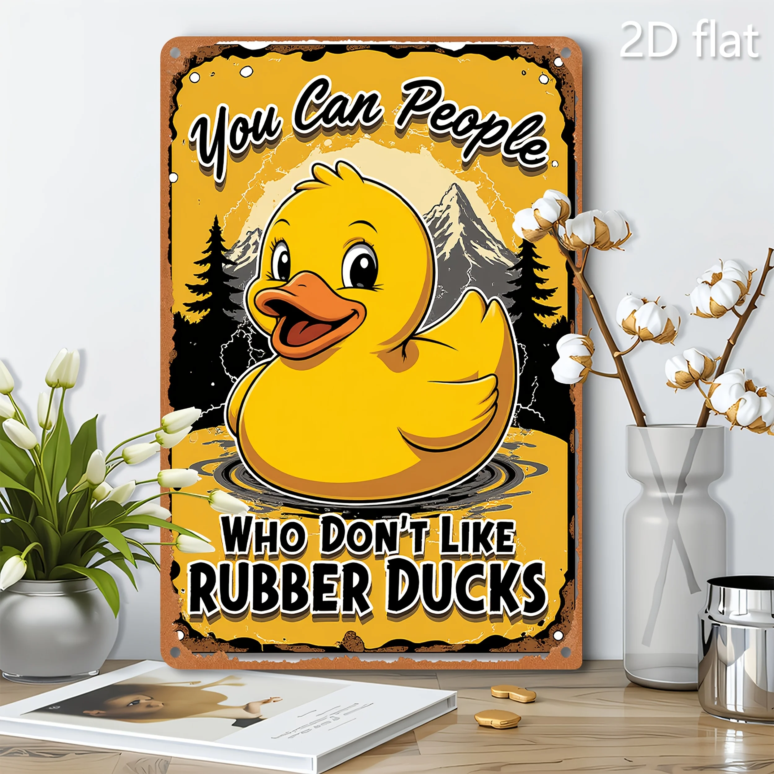 2D Flat - of Vintage Duck Illustration Decorative Sign, Wall Art Hanging Picture, Tinplate Metal Sign Painting