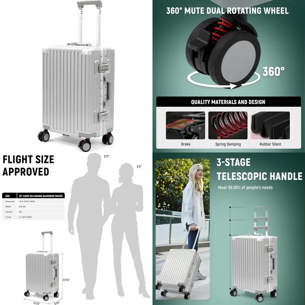 

20 Inch Airline Approved Carry On Luggage with Aluminum Frame, TSA Approved, Zipperless Design, ABS+PC Hard Shell, Travel Essent