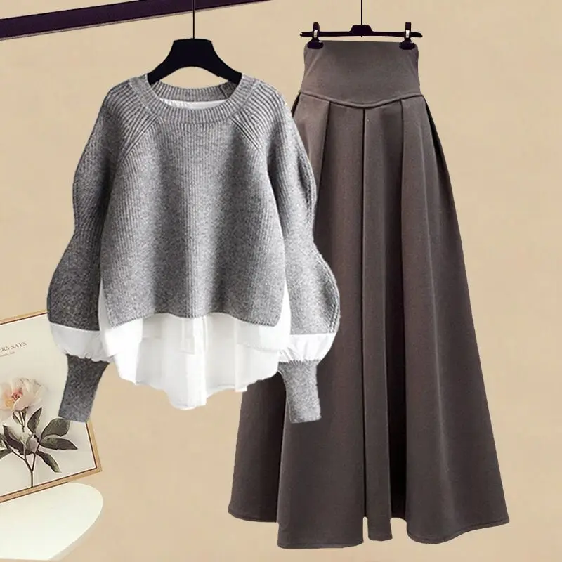 Spring and Autumn Fashion Set Women's 2023 New Korean Edition Fake Two Piece Top Style Slim Half Skirt Two Piece Set