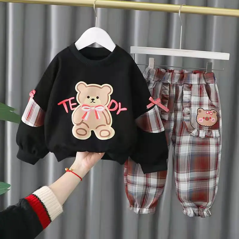 

Spring Baby Boy Girl Clothes Set Children Cartoon Sweatshirt Top and Checked Pants Bottom Two Piece Suit Kid Cotton Tracksuit