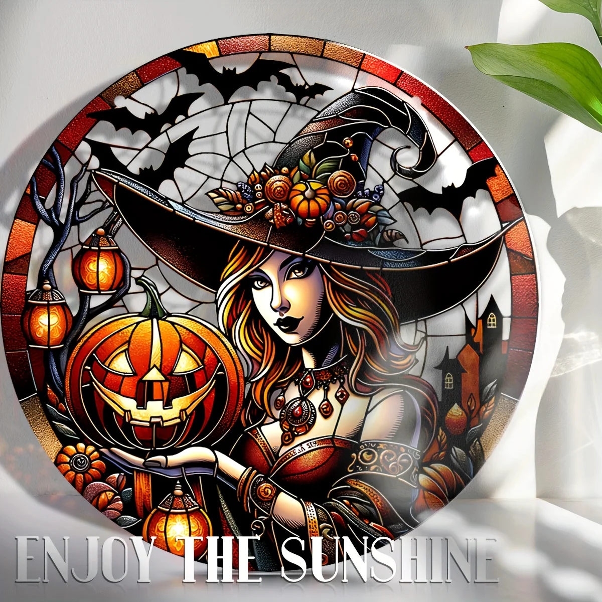 Enchanting Witch Sun Catcher-Unique Baroque Design,Halloween Pumpkin Fall Bat Wreath Sign,Porch,Wall Accent for Autumn Season