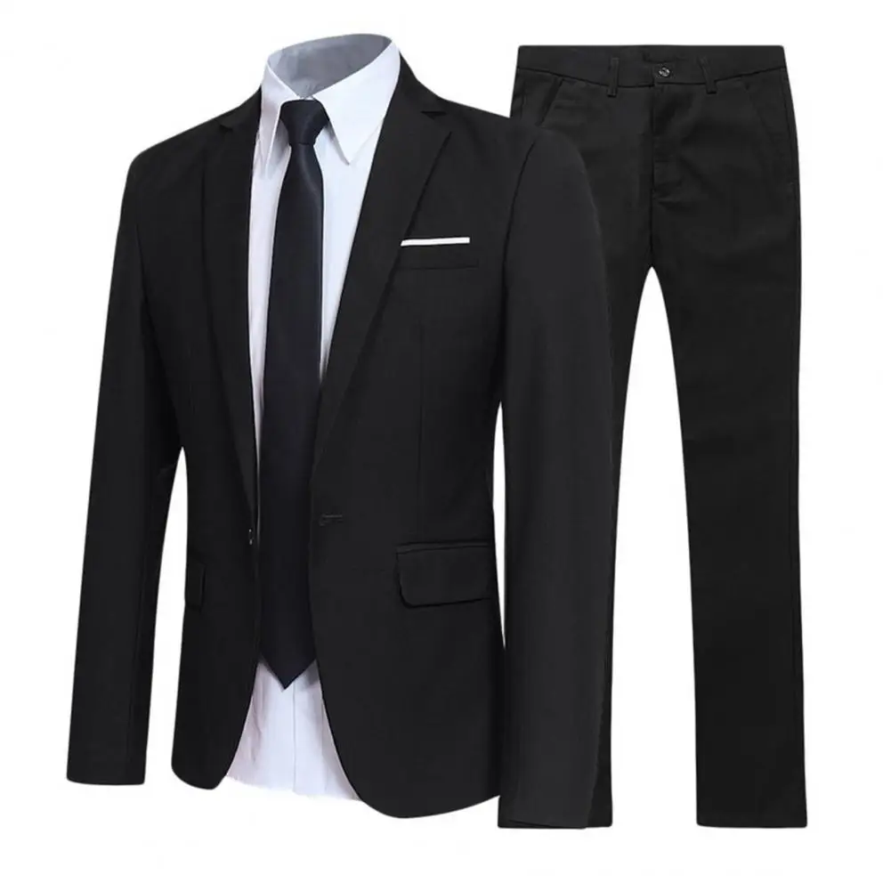 Stylish Formal Suit Set Men Blazer Pants Suit Lapel Formal Buttons Wedding Suit Slim Turndown Collar Pockets One Button Set