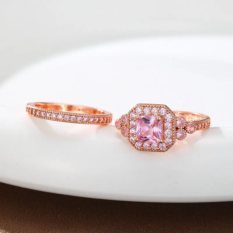 Rose Gold Wedding Ring Set Princess‑Cut Pink Color Cubic Zirconia Halo Stackable Eternity Band Promise Women Jewelry Gift