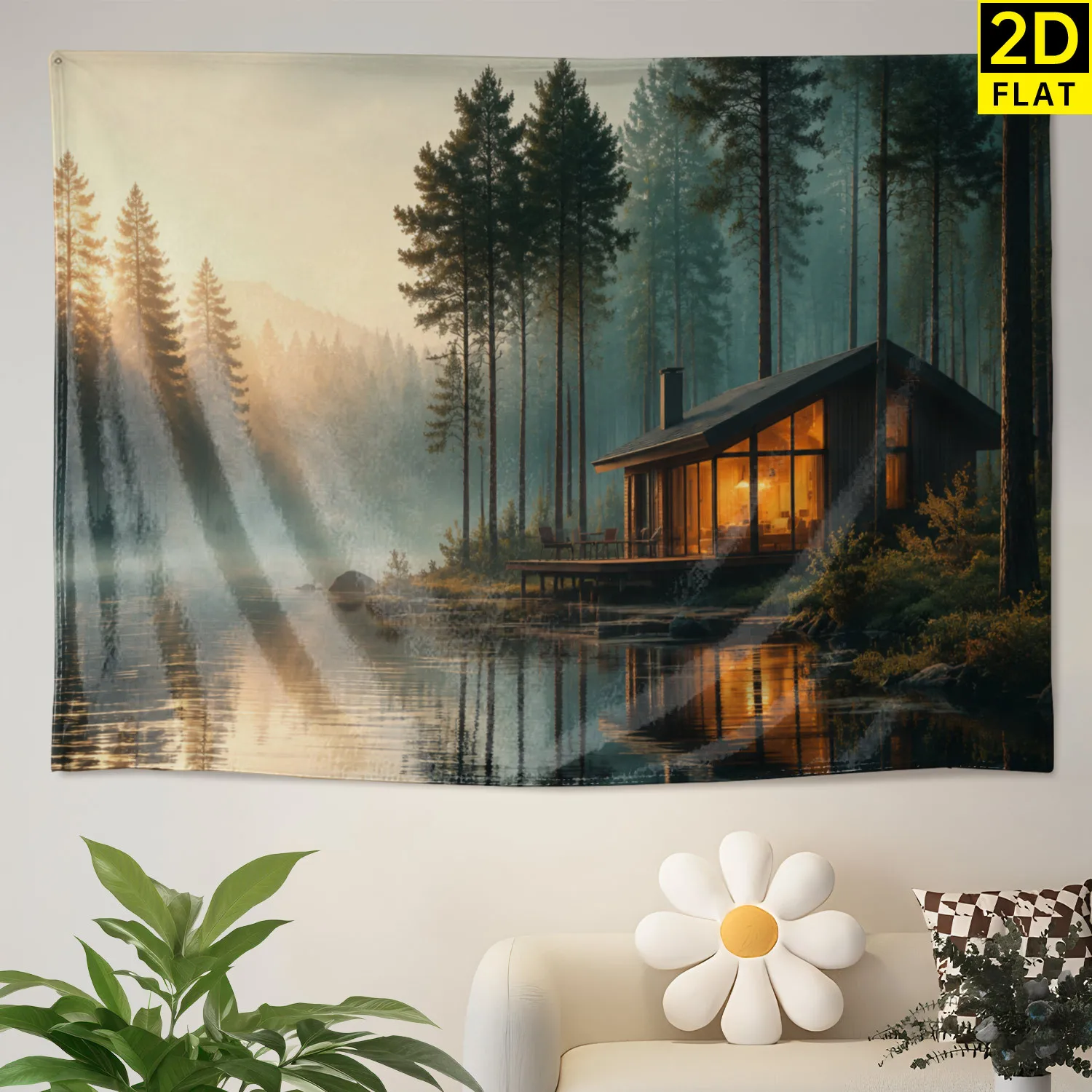 Aesthetic Forest Landscape Tapestry Boho Wall Decor Woodland Cabin Misty Sunset Nature Print Art for Living Room Bedroom