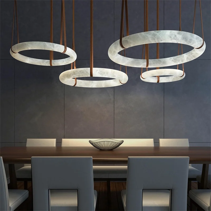 

LED Natural Marble Circular Pendant Lamp Copper Dark Leather for Living Room Dining Room Bedroom Alabaster Chandelier Fixture