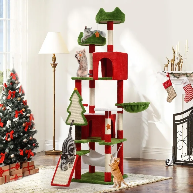 Tall Cat Tree Tower for Indoor Cats, 75in Multi-Level Cat Climbing Tower with Cat Condos, Top Perches, Hammock, Sisal Scratching