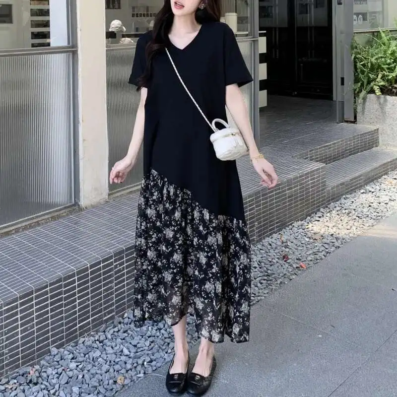 Summer Tide New V-neck Splicing Print Floral Black Women Dresses Temperament Chic Beautiful Short Sleeve Dress