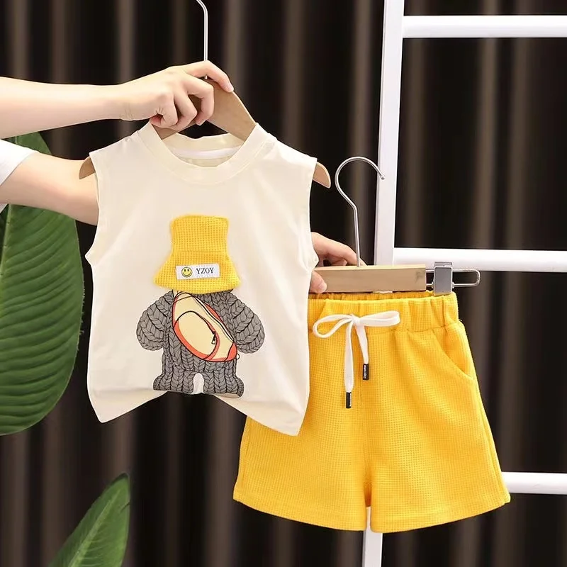 Korean Children Summer Sets Girl Boy Sleeveless Vest Shorts Suit Child Clothing Fashion Outfits Kids Costume New 2024