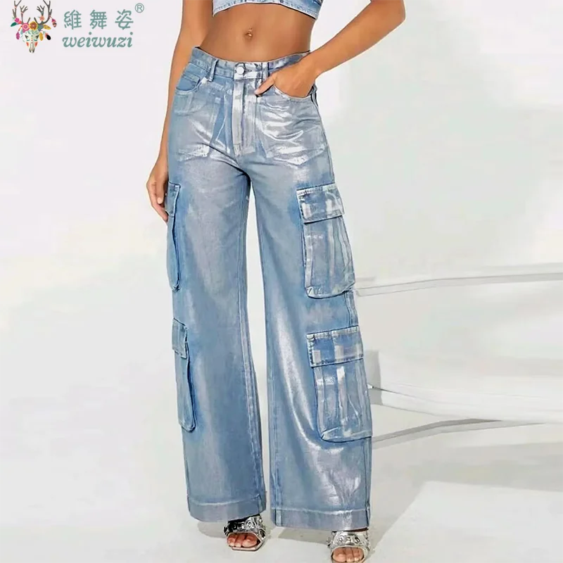

Женские джинсы, брюки-карго из серебряной ткани, джинсовые брюки с высокой талией для девочек, уличная одежда в стиле хип-хоп, большие карманы, шикарные мешковатые джинсы Y2k