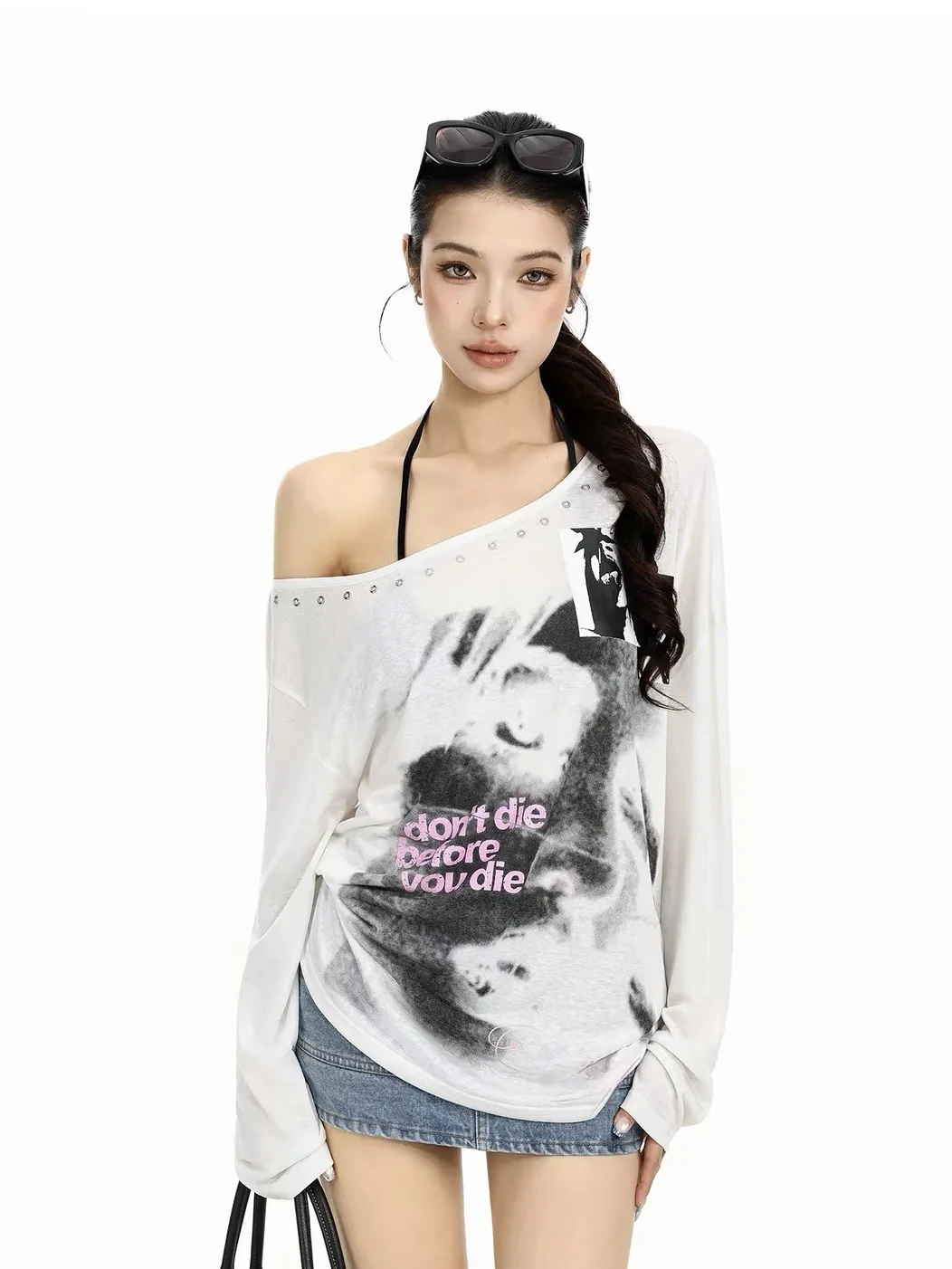 American Style Long Sleeve Portrait Print Shoulder Bared T Shirt Women's Loose Fit Sunshade Cover up Chic Autumn New Arrival
