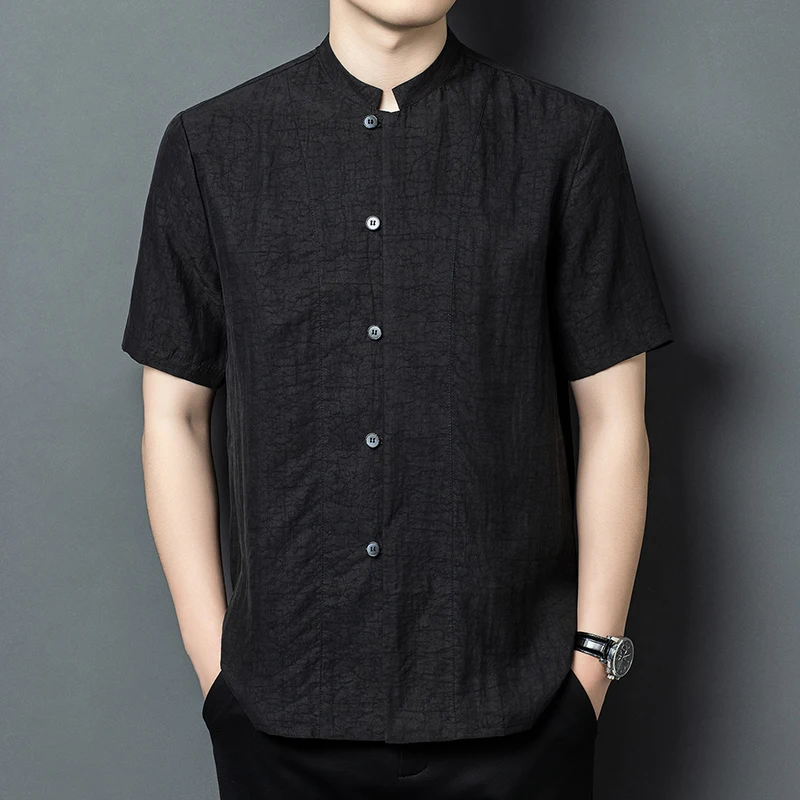 Natural Mulberry Silk 100% Shirts For Men Short Sleeve Luxurious Summer Quality Gambiered Canton Gauze Fashion Camisas De Hombre