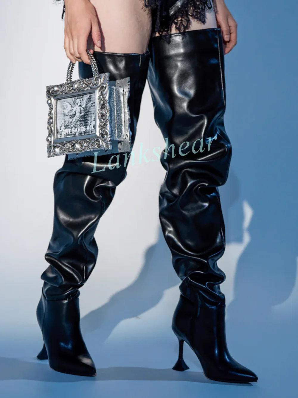 Edgy Black Slouchy Over-the-Knee Boots  Pointed Toe Sculptural Flared Heel Inner Side Zipper Sexy Fashion Women Thigh High Boots