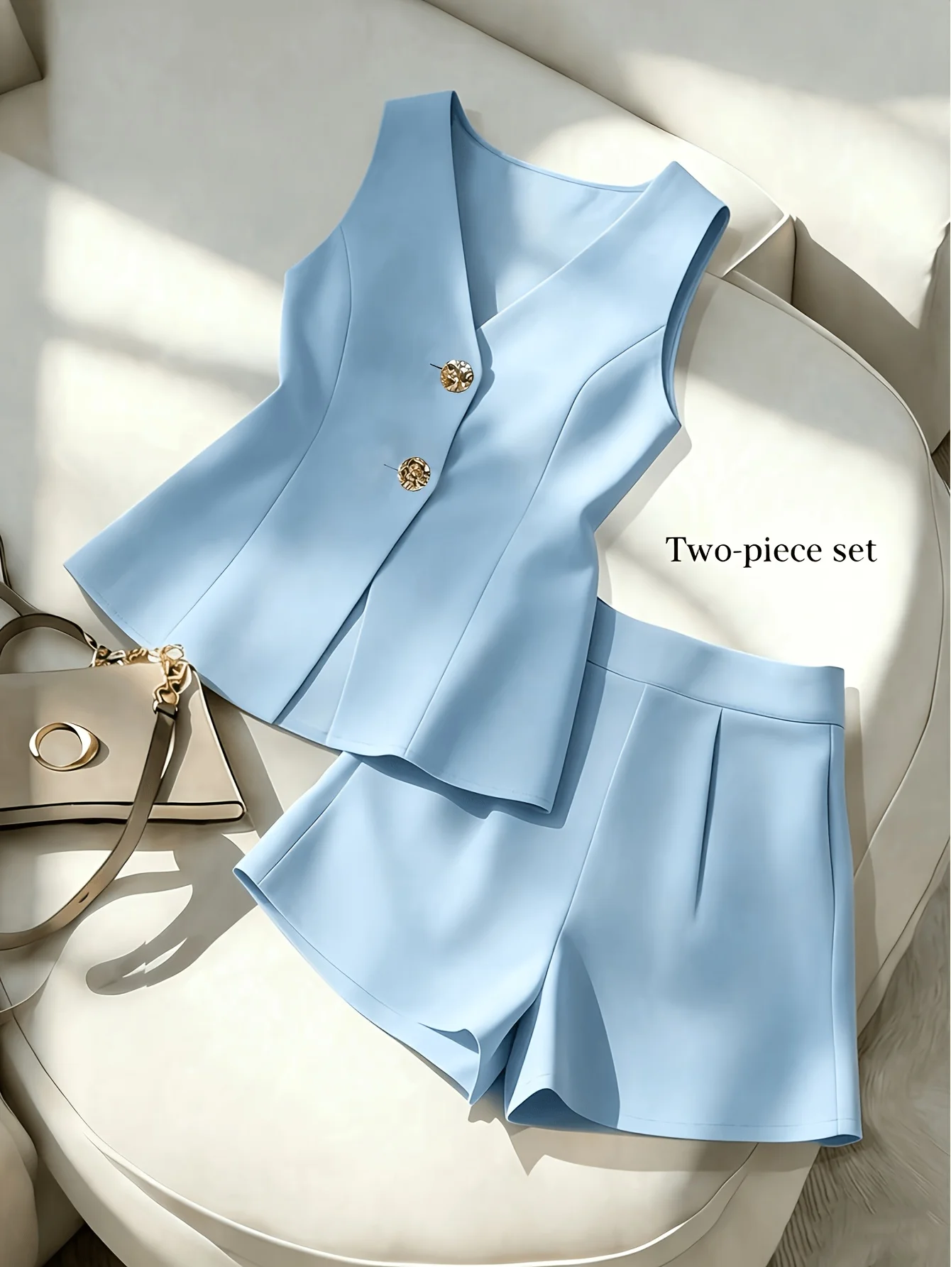 Women's Light-Blue V-Neck Sleeveless Waistcoat And Shorts Set Gold-Button High-Waist 2-Piece Fashionable Summer Outfit