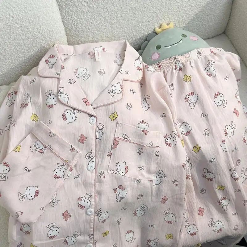 

Kawaii Hello Kittys Cloud Cotton Pajamas Women Spring Autumn Long Sleeve Pant Two-Piece Set Cute Sweet Girl Student Home Clothes